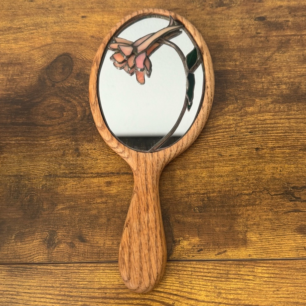 Vintage Stained Glass Floral Hand Mirror Wood Handle Vanity Tiffany Style Decor